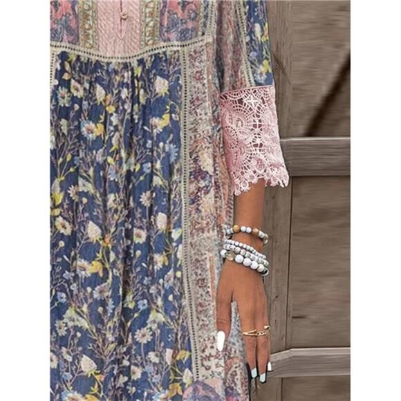 Full Size Lace Detail Printed Three-Quarter Sleeve Dress - Picture 2 of 3